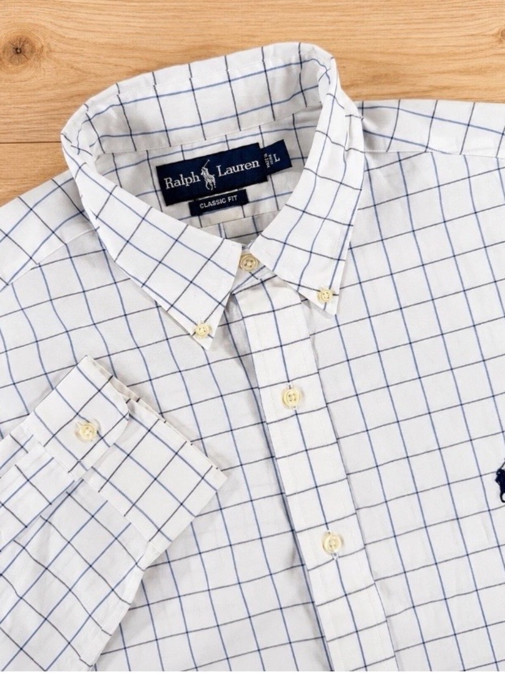NWT Ralph Lauren Shirt Mens L Button Down White Blue Windowpane Classic Fit